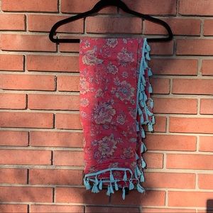 Pink floral scarf with turquoise fringe